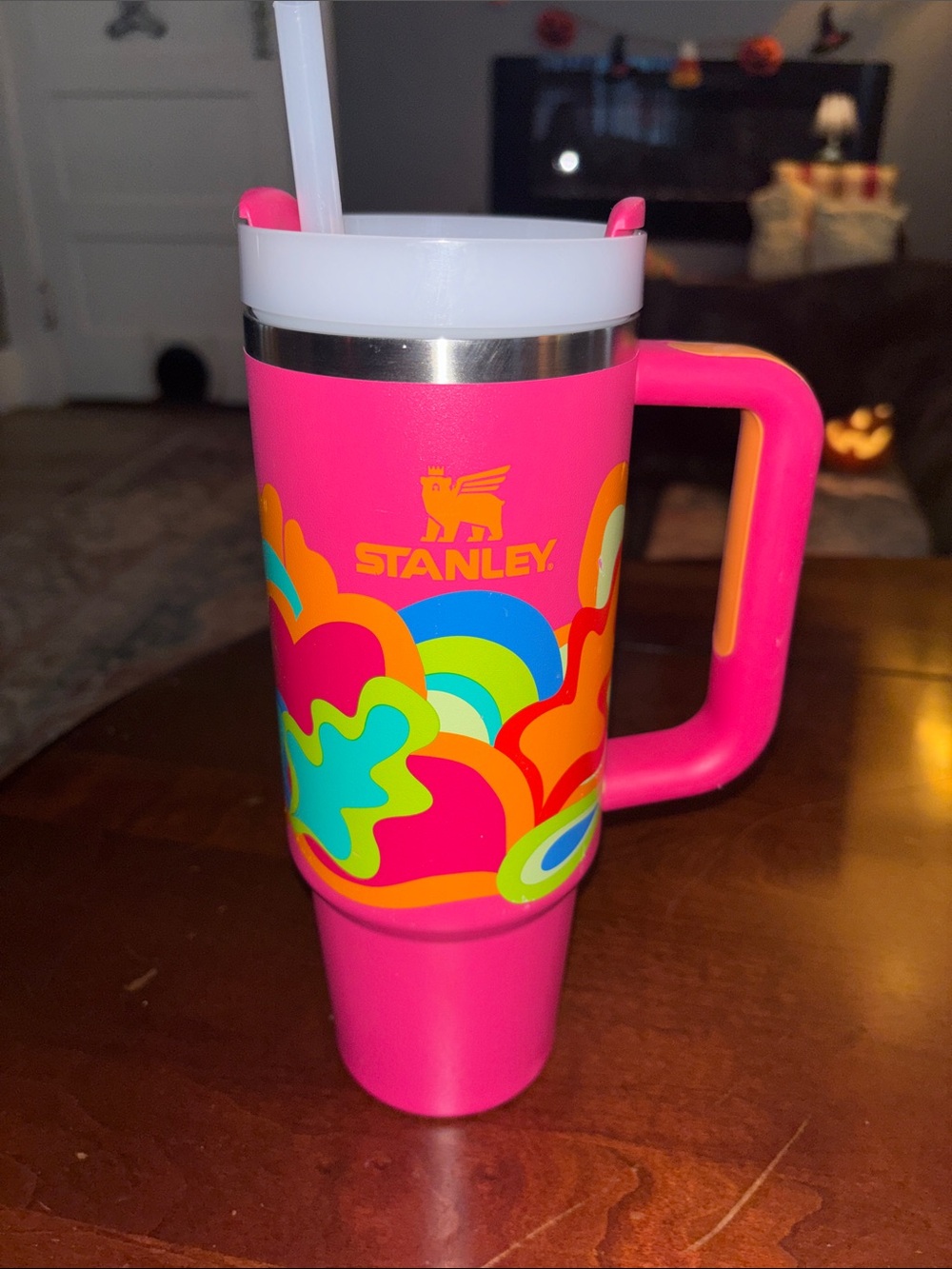 Stanley Hot Pink Travel Tumbler with Multicolor Retro Floral Print 30 oz